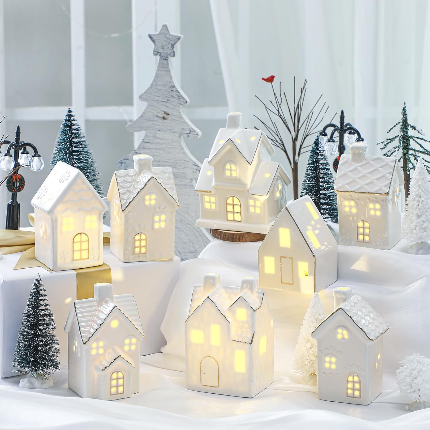 Wesiti 28 Pcs Ceramic LED White Christmas Village Set Include 8 LED White Christmas Village Houses 18 Xmas Trees 2 Lamp Post Scenes Decor Xmas Figurine Decoration Tabletop Mantel Shelf(Elegant)