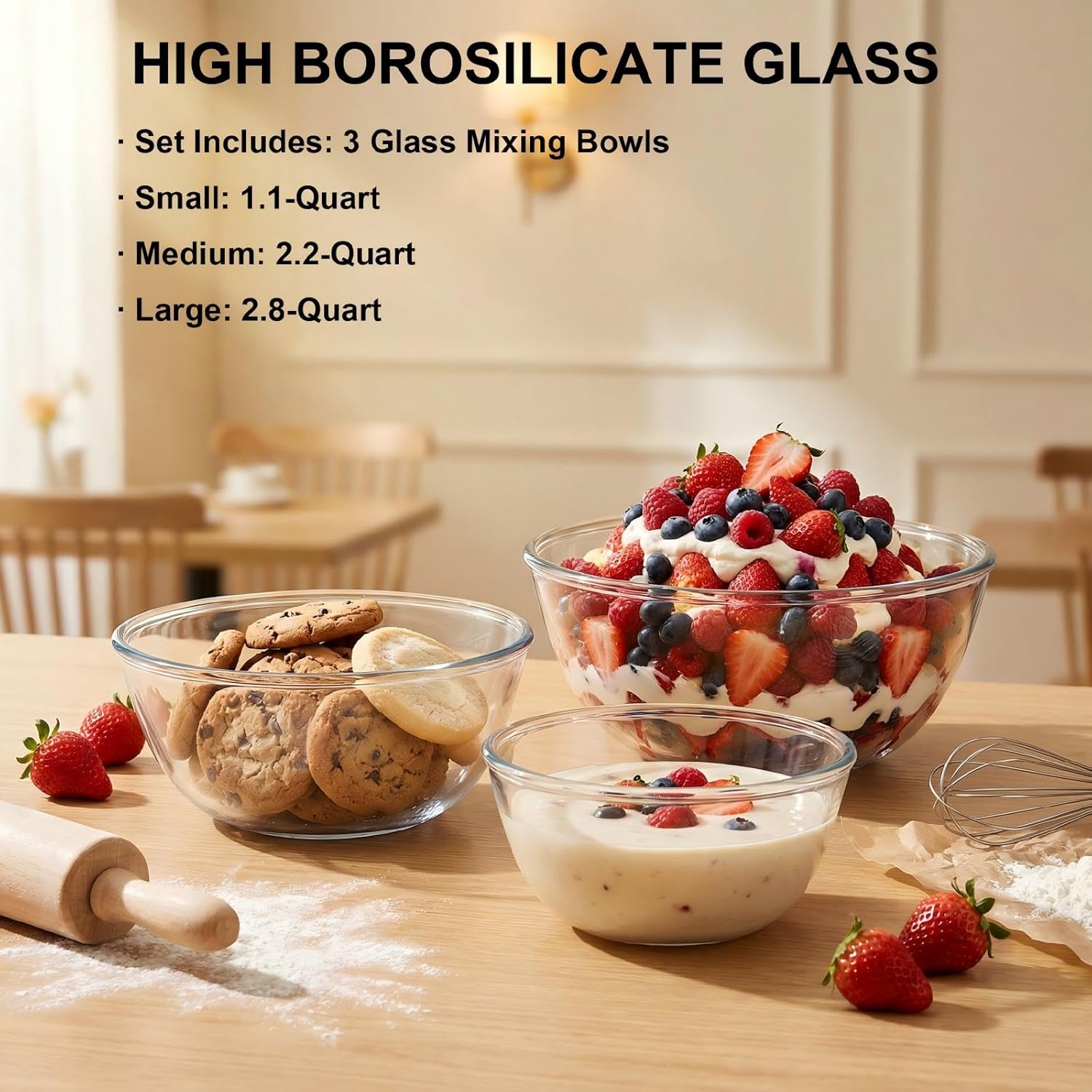 Borosilicate Glass Mixing Bowls, Set of 3 (2.8, 2.2, 1.1QT) - Heavy-Duty, Scratch Resistant & Lead-Free. Oven, Microwave, Dishwasher & Freezer Safe. Ideal for Meal Prep, Baking, Serving.