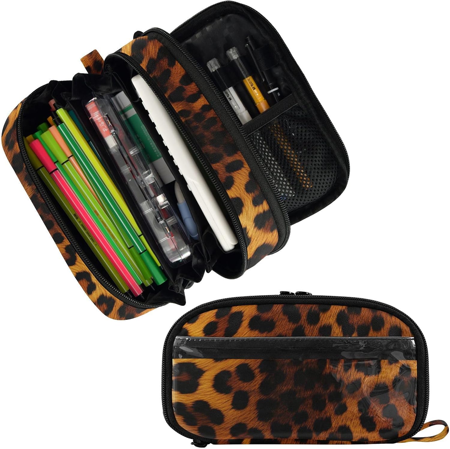ALAZA Gold Brown Leopard Cheetah Print Large Capacity Pencil Case, Aesthetic Stationery Organizer Bag with Clear PVC Window, High Capacity Pen Pouch with Dividers for School Office Travel image 2