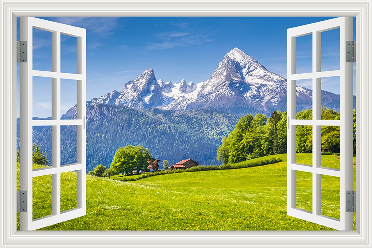 Removable Wall Stickers/Wall Mural - Nature Green Trees Snow Mountain Landscape Open Window View Wallpaper for Living Room Peel and Stick Home Decor Art for Bedroom Basement (24x36 Inches)