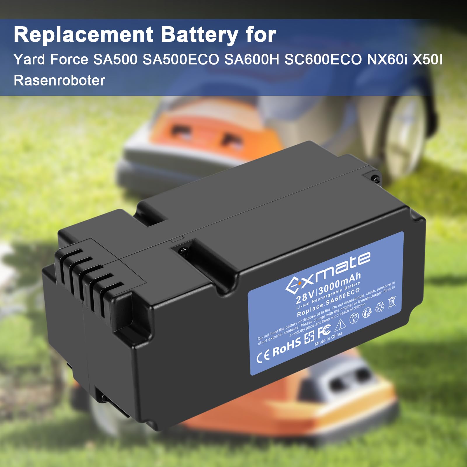 Exmate Akku kompatibel mit Yard Force SA500ECO SA600H SA800PRO SA900 SC600ECO Rasenmäher Rasenroboter (3000mAh, 28V, Li-Ion)