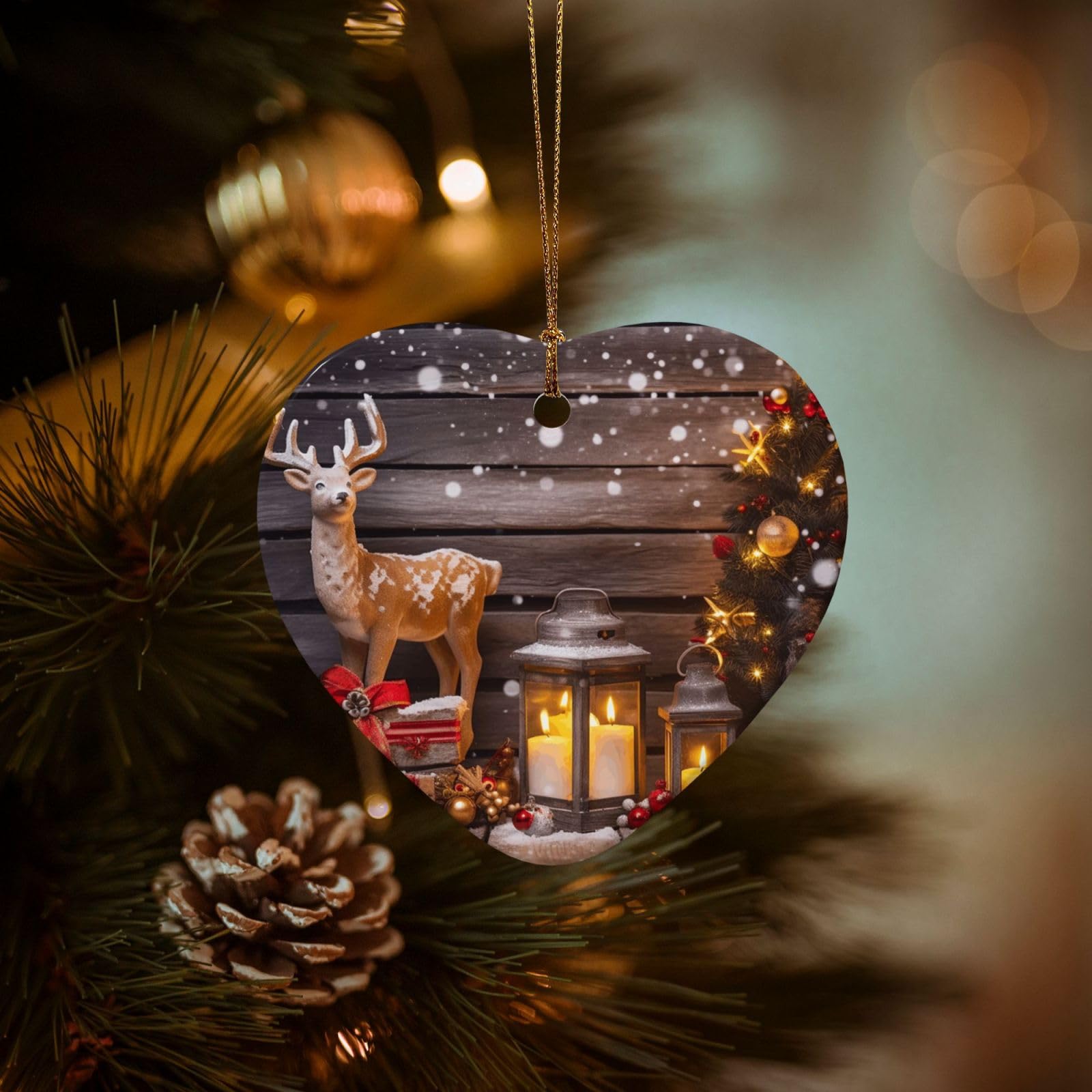 Christmas Tree Ornaments Ceramics Christmas Decorations Merry Christmas Candle Deer Ornaments with Gold Ribbon Porcelain Xmas Tree Crafts Heart Shape Hanging Pendant for Christmas Tree Party Decor