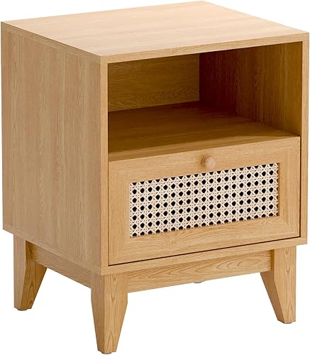Miniatura 5 de Betterhood Mesita de noche de ratán mesa auxiliar de mesa de noche de madera para sala de estar y dormitorio paquete de 2