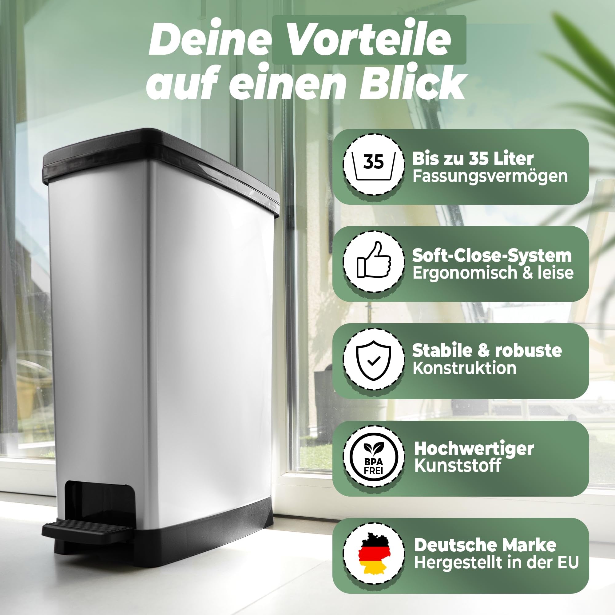 Novaliv Großer Mülleimer mit Deckel - 35L Tretmülleimer mit Soft-Close-System - Treteimer Müllbehälter Stabiler Abfalleimer mit Deckel & Fußpedal - Geruchsdichter Mülleimer Küche u.v.m