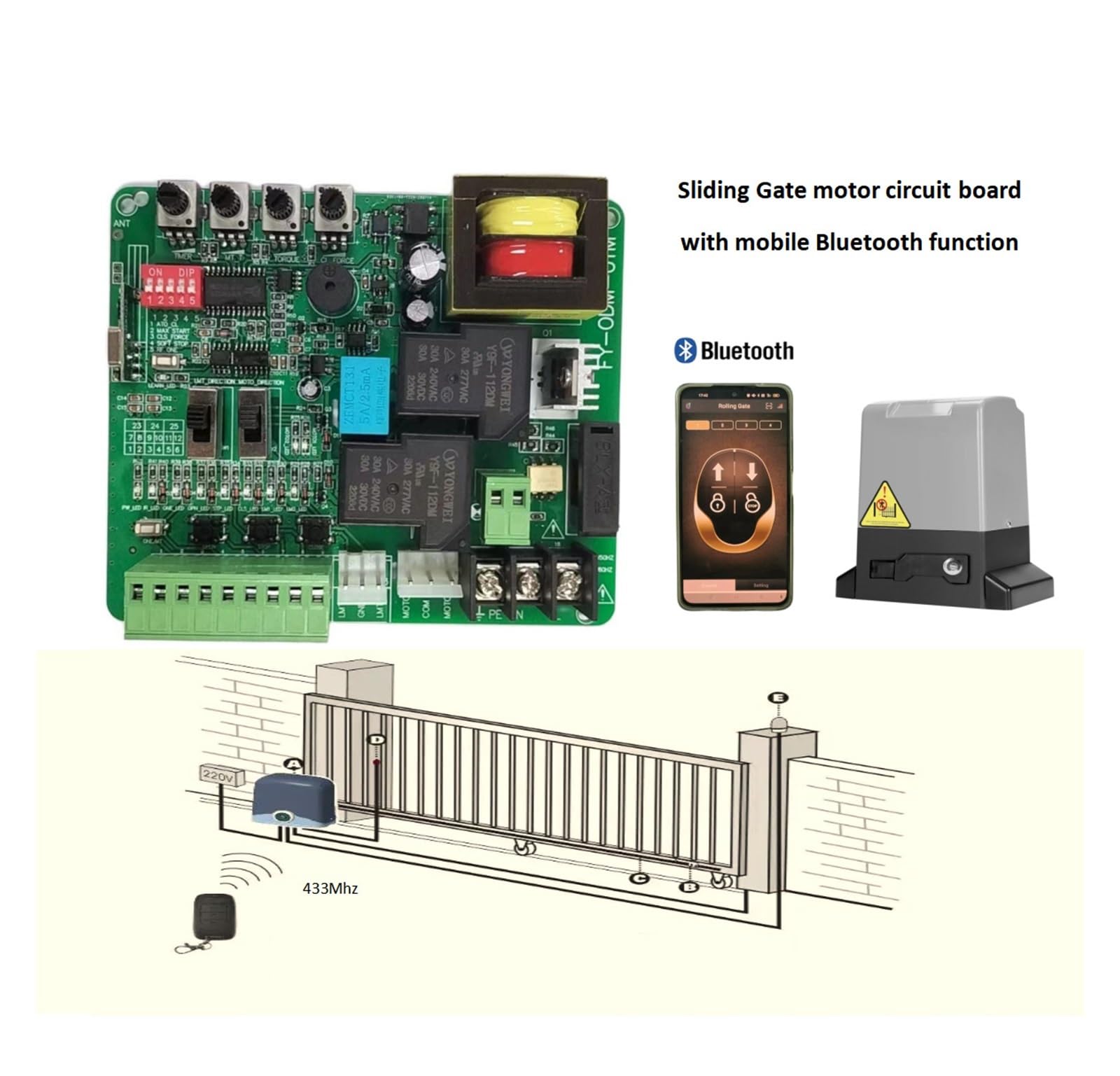 Garagentoröffner, 220V/110V Schiebetor-Motorplatine mit langsamem Stopp, automatischem Schließen, 433-MHz-Fernbedienung und mobiler Bluetooth-Platine Passend für vielseitige Tore (Size : Only PCB 220