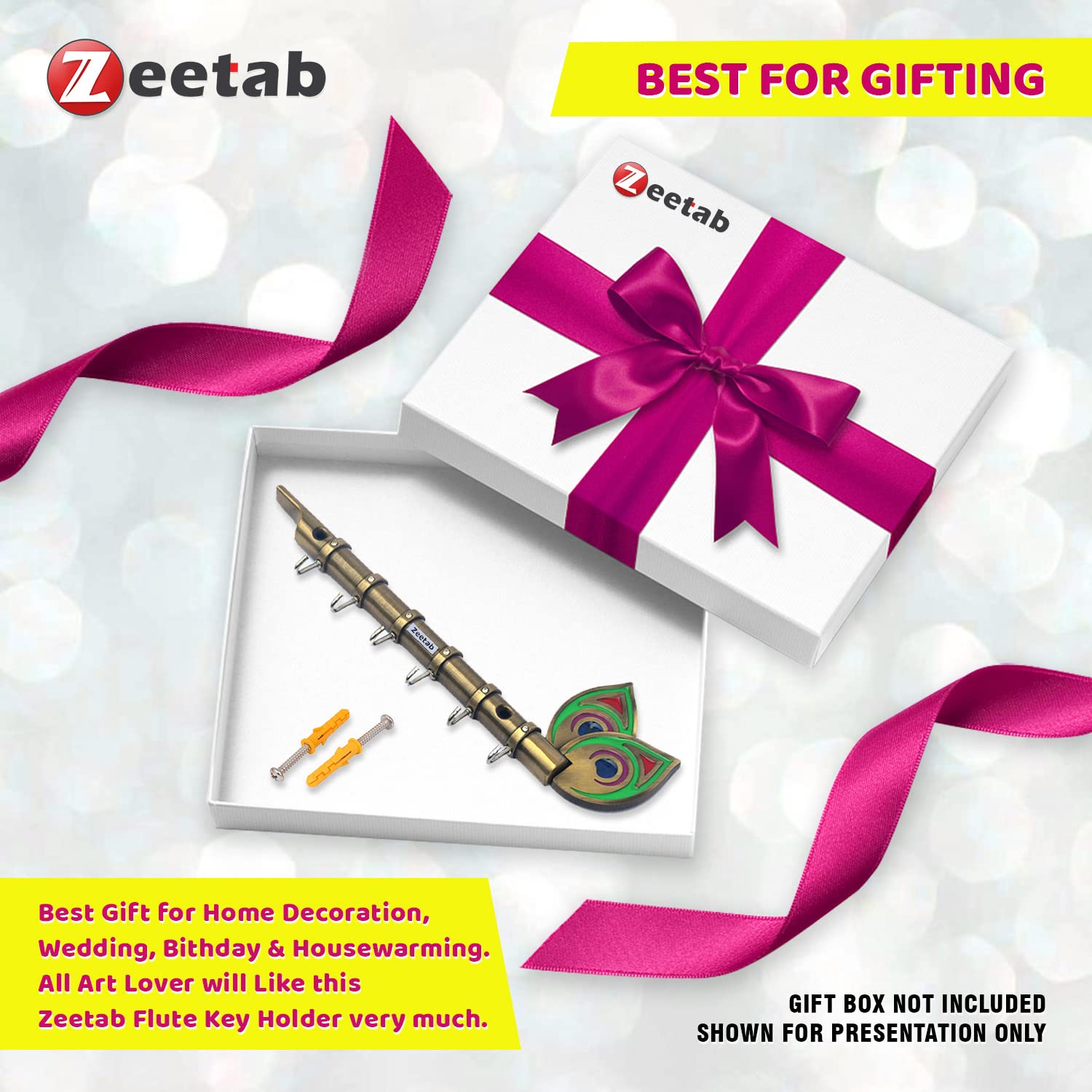 Zeetab Lord Krishna Key Holder & Hanger with Diamond, Metal Peacock Flute Key Stand with 6 Hook Wall Mount, Home Decor Gift (Antique Brass) 3