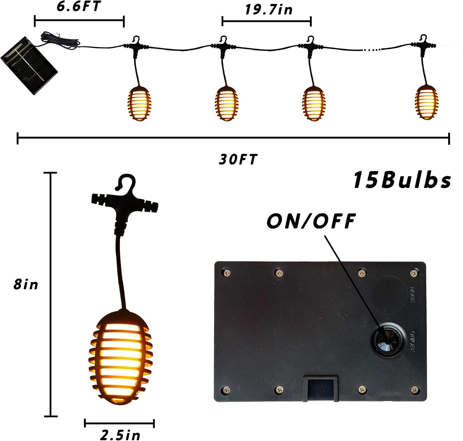 Solar String Light for Gazebo Flickering Flame Effect 30 FT Warm White Led Outdoor Lights Waterproof for Patio Halloween Decoration (15 LED Bulbs)