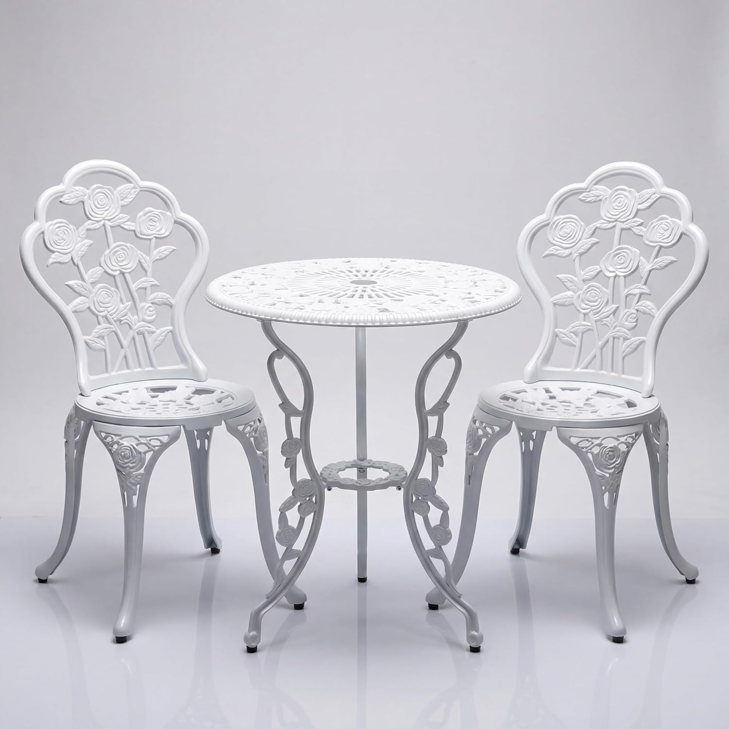 3-Piece Cast Aluminum Outdoor Bistro Set, All-Weather Outdoor Table and Chairs Set of 2 with Umbrella Hole for Balcony, Backyard, Deck, Garden (Rose White)