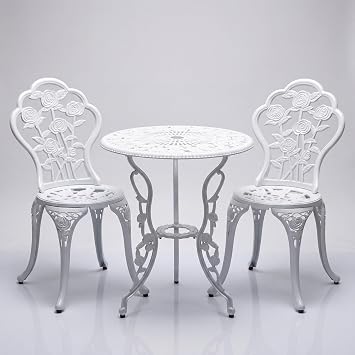3-Piece Cast Aluminum Outdoor Bistro Set, All-Weather Outdoor Table and Chairs Set of 2 with Umbrella Hole for Balcony, Backyard, Deck, Garden Rose White
