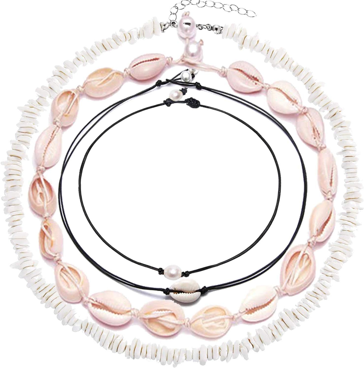 CARSHIER Natural Puka Chip Shell Choker Necklaces for Women Girls Hawaiian Cowrie Clam Vsco Girls Beach Shell Necklace Jewelry Set