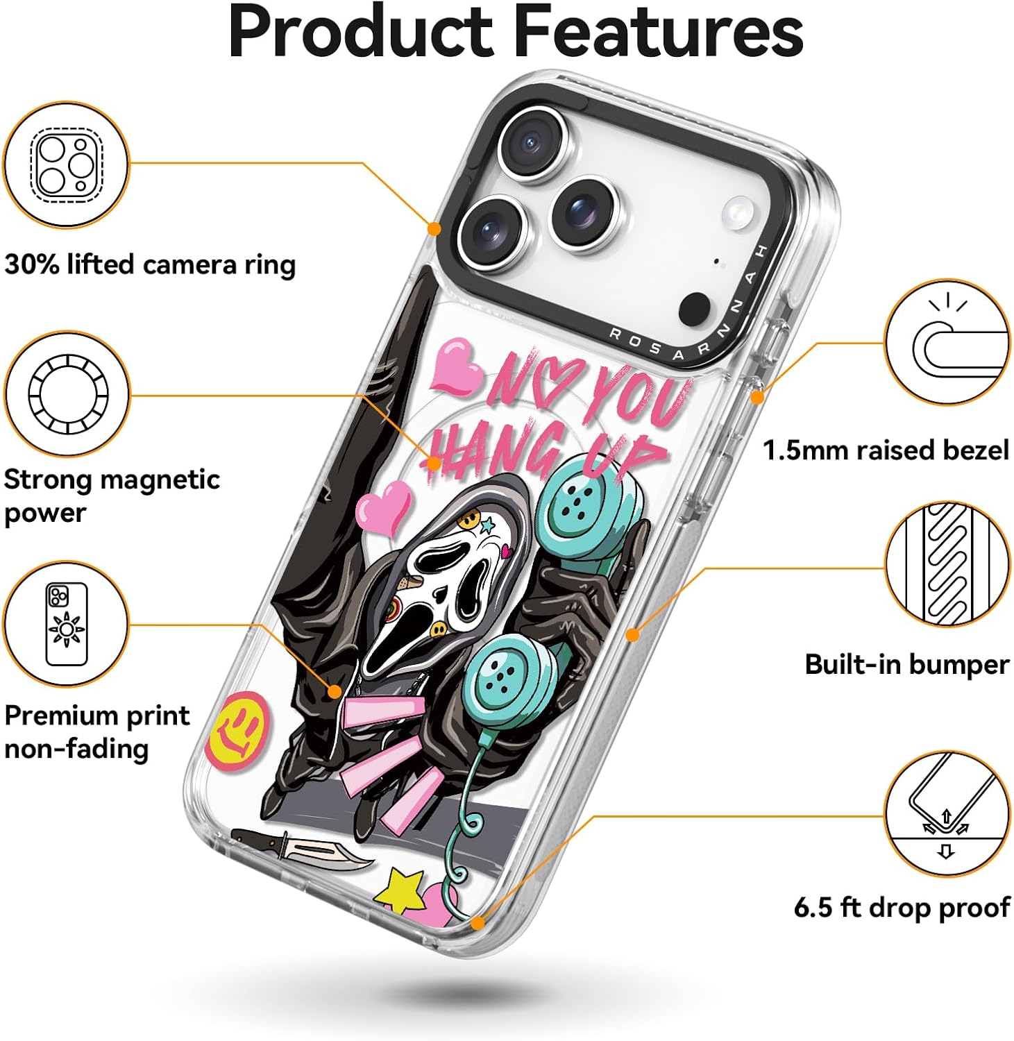 Rosarnnah for iPhone 17 Pro Max Case Cute - Compatible with Magsafe - Durable Shockproof 6.6 ft Drop Impact Phone Case - Funny Skeleton Design (6.9") Clear