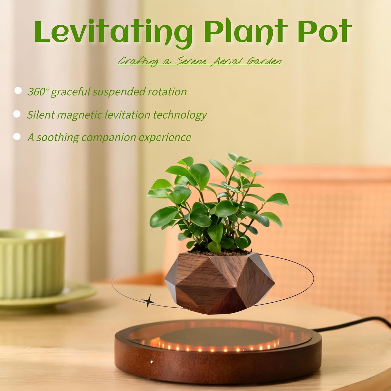 MOOCCI Levitating Plant Pot with Light, Magnetic Floating Flower Pot with Rotating and Auto-Spinning, Brown Wood Grain Planter for Succulents, Cool Desk Decor for Home Office, Unique Gift Idea