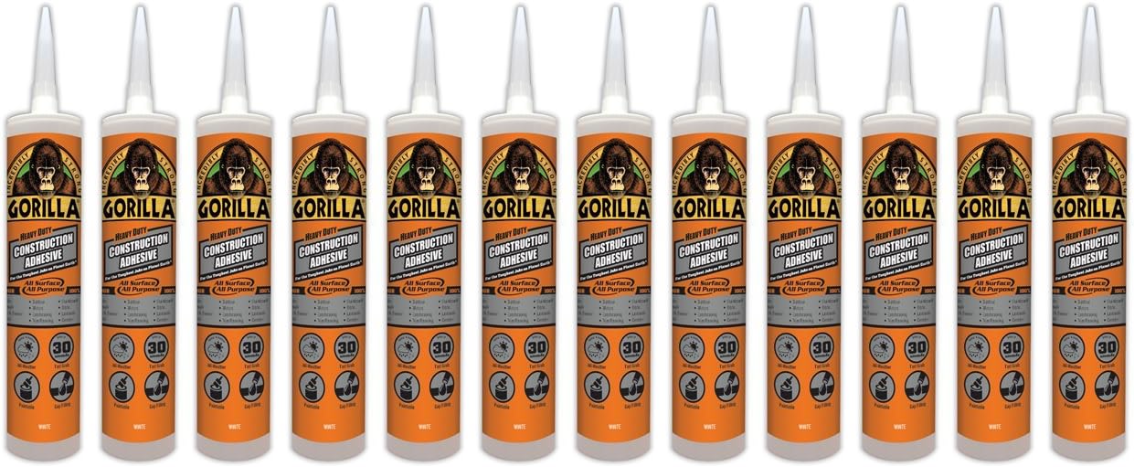 Gorilla Heavy Duty Construction Adhesive, 9 ounce Cartridge, White, (Pack of 12)
