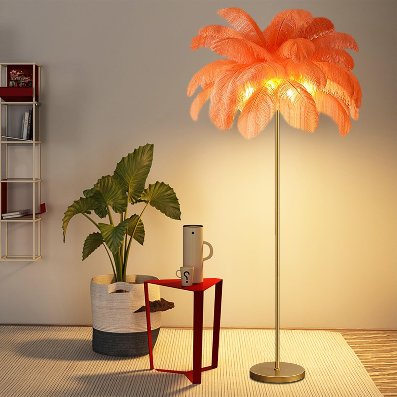 Lampadaire en plumes d'autruche orange salon avec interrupteur à pied et 6 ampoules G4