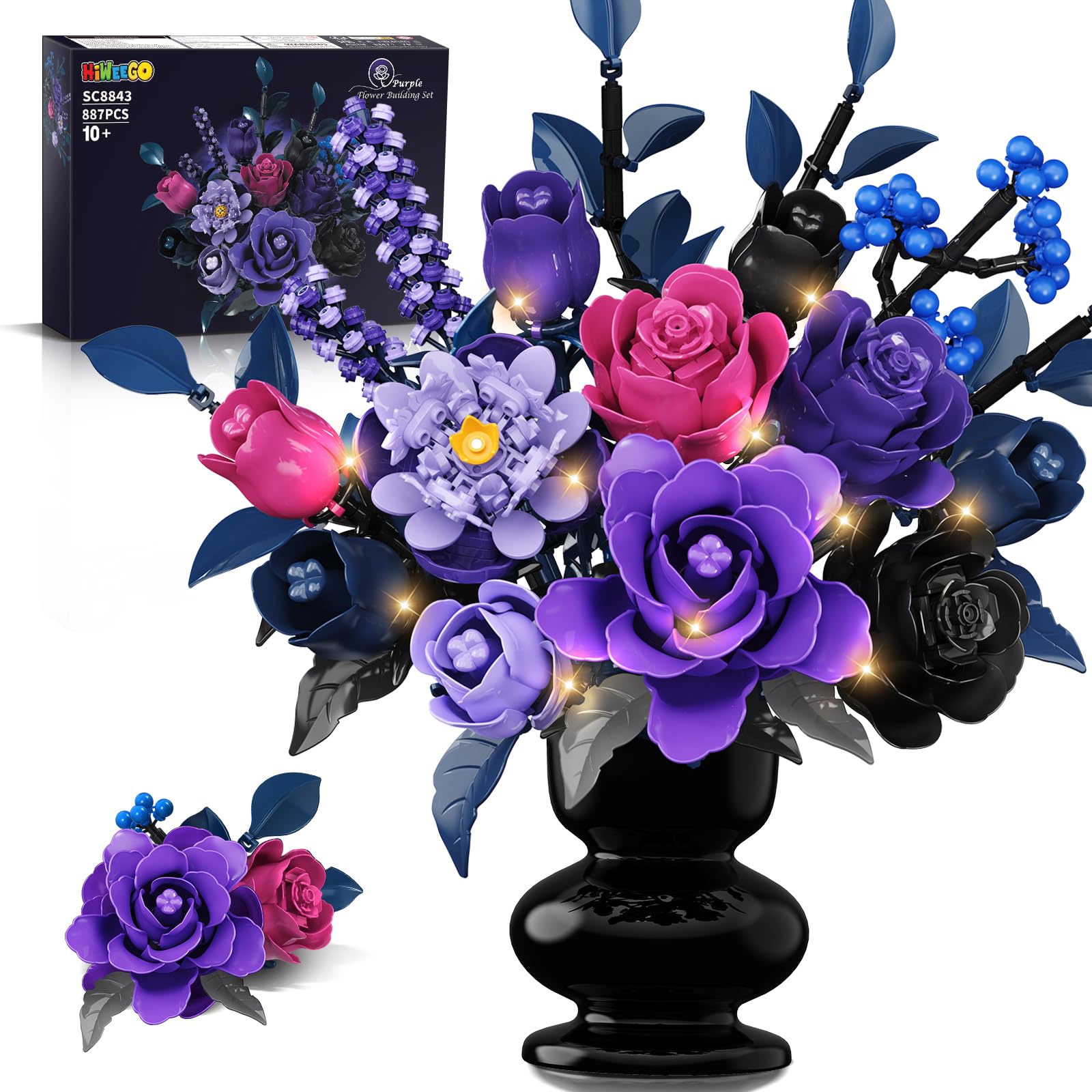 HiWEEGO Flowers Bouquet Building Set with LED Light - 17 Artificial Flowers Toy, 887PCS Purple Roses Botanical Collection Building Block, Gothic Home Decor Mother's Day Birthday Gifts for Adults Women