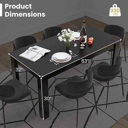 Miniatura 3 de Mesa de comedor negra para 6 personas con patas en forma de L, mesas rectangulares de cocina y comedor de madera de 63 pulgadas, mesa de comedor