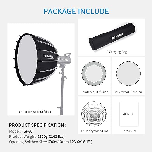 Miniatura 9 de FEELWORLD FSP60 V2 - Caja de luz parabólica portátil de 23.6 in 23.6 pulgadas para FEELWORLD FL125D FL125B FL225D FL225B y otros Bowens Mount Video