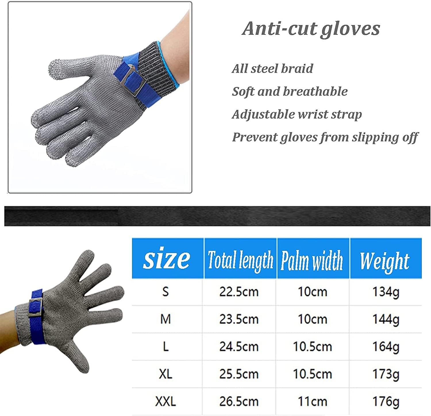 Gants anti-coupures Les gants résistants aux coupures en treillis métallique de jardin sont des gants de travail de sécurité qui protègent les doigts. Convient aux machines de jardinage de cuisine(6pc
