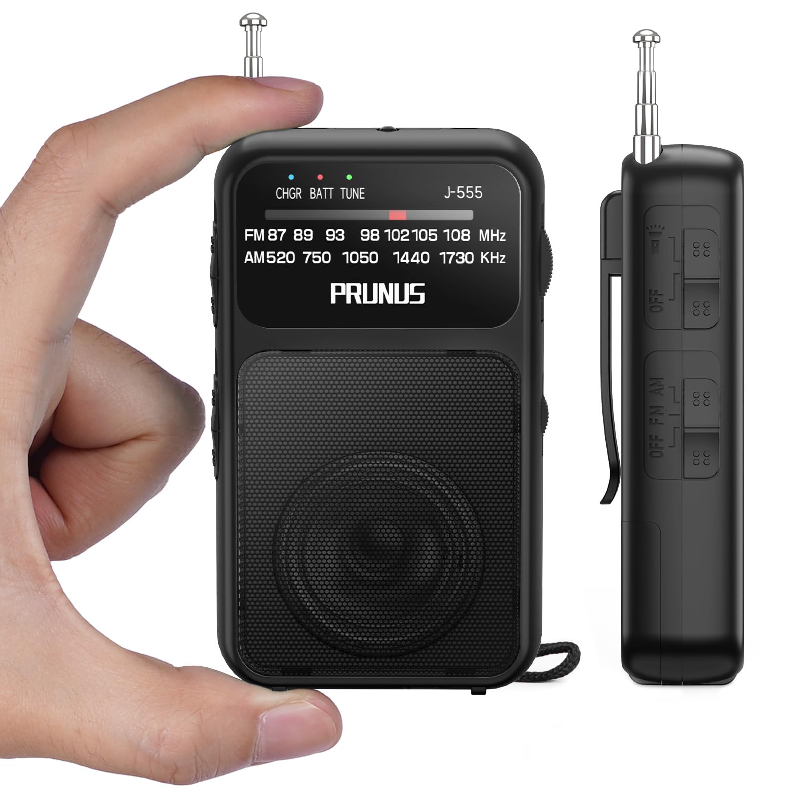 PRUNUS J-555 Portable Radio AM FM Battery Operated/USB-C Charging, Pocket Radio, Transistor Radio with Excellent Reception, Back Clip, Headphone Jack and Clear Speaker, Mini Radio with Flashlight