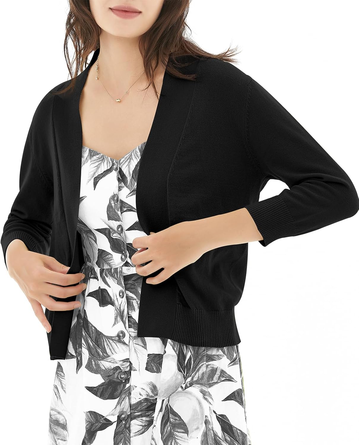 QUALFORT 3/4 Sleeve Sweater for Women Cropped Cardigan Dressy Lightweight Open Front Knit Bolero Shrugs - Image 4