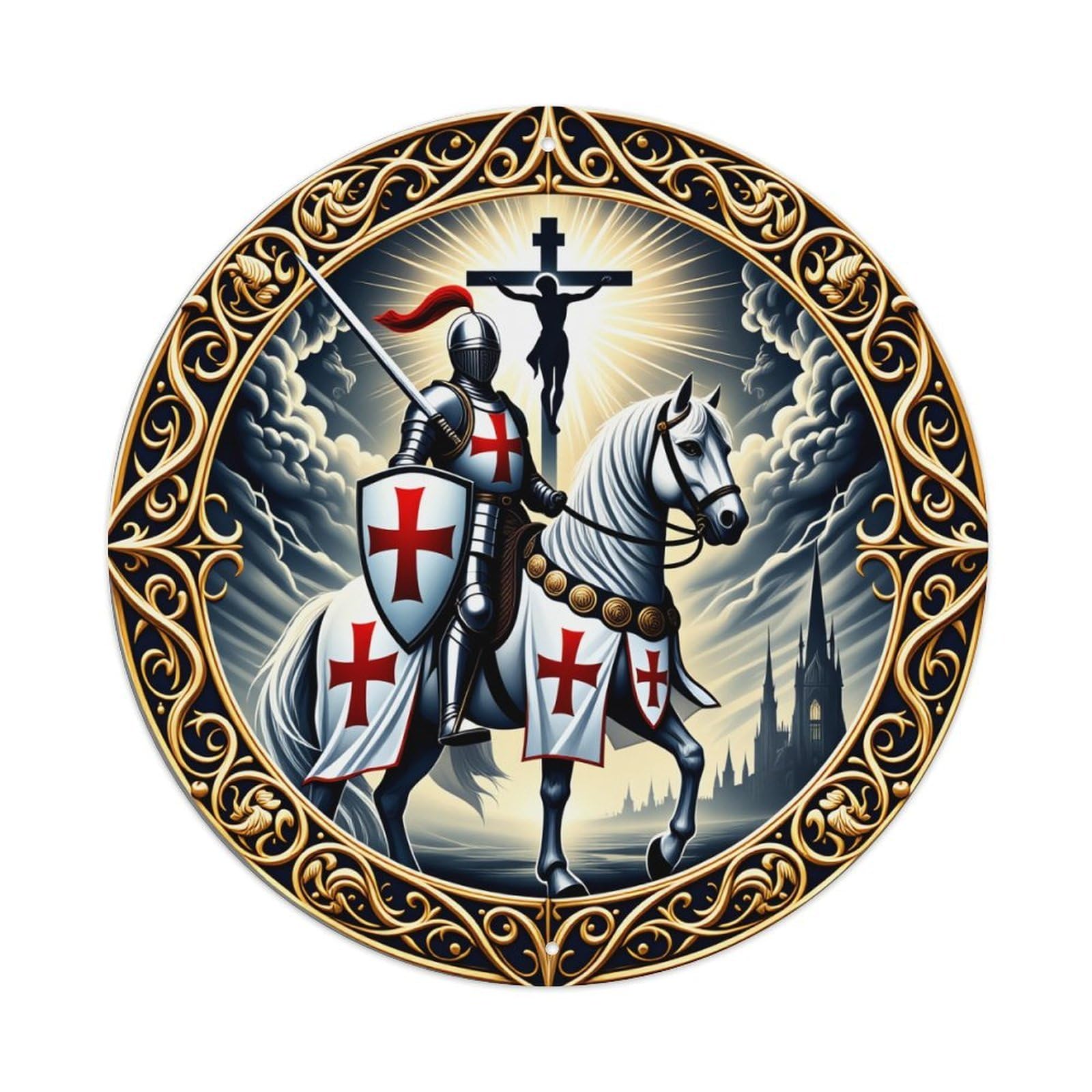 Knight On Horse With Cross Metal Tin Sign Vintage Garden Bedroom Cafe Bar Man Cave Home Wall Decor Metal Poster 8x8 inches