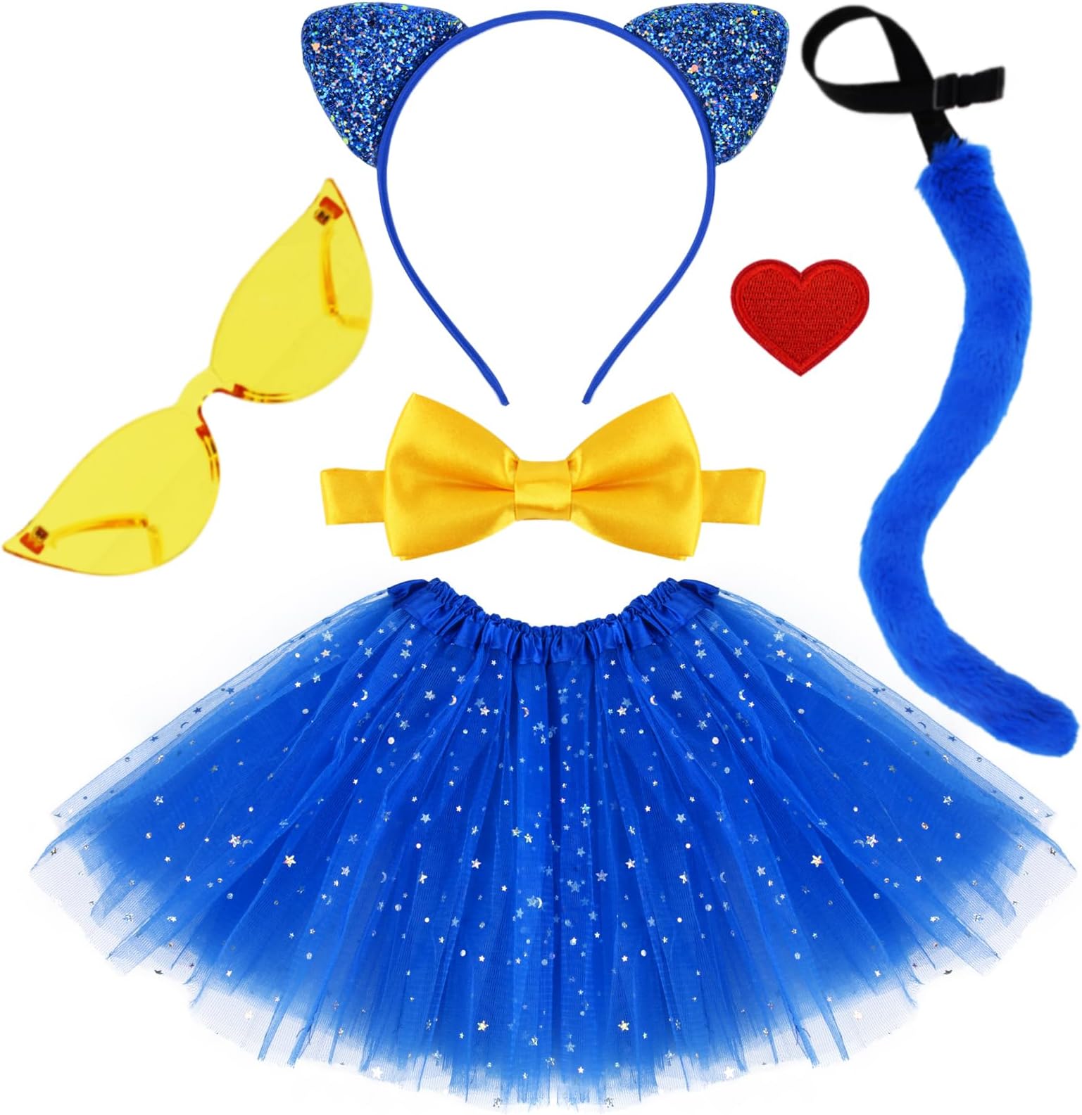 Blue Cat Costume Cat Ears Fur Tail,Blue Sequin Tutu Bowtie Cat Sunglasses Accessories Set for Kids Halloween Party Dress Up
