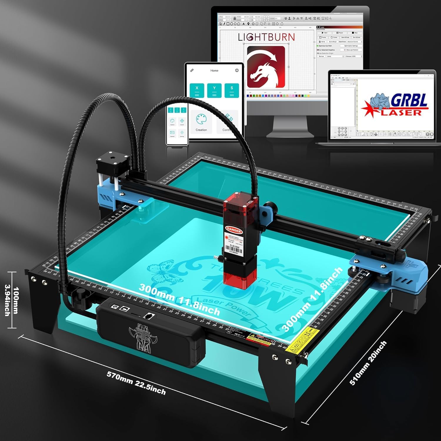 Twotrees TTS-10 Pro showing compatibility with Lightburn, GRBL Laser, and a mobile app interface.