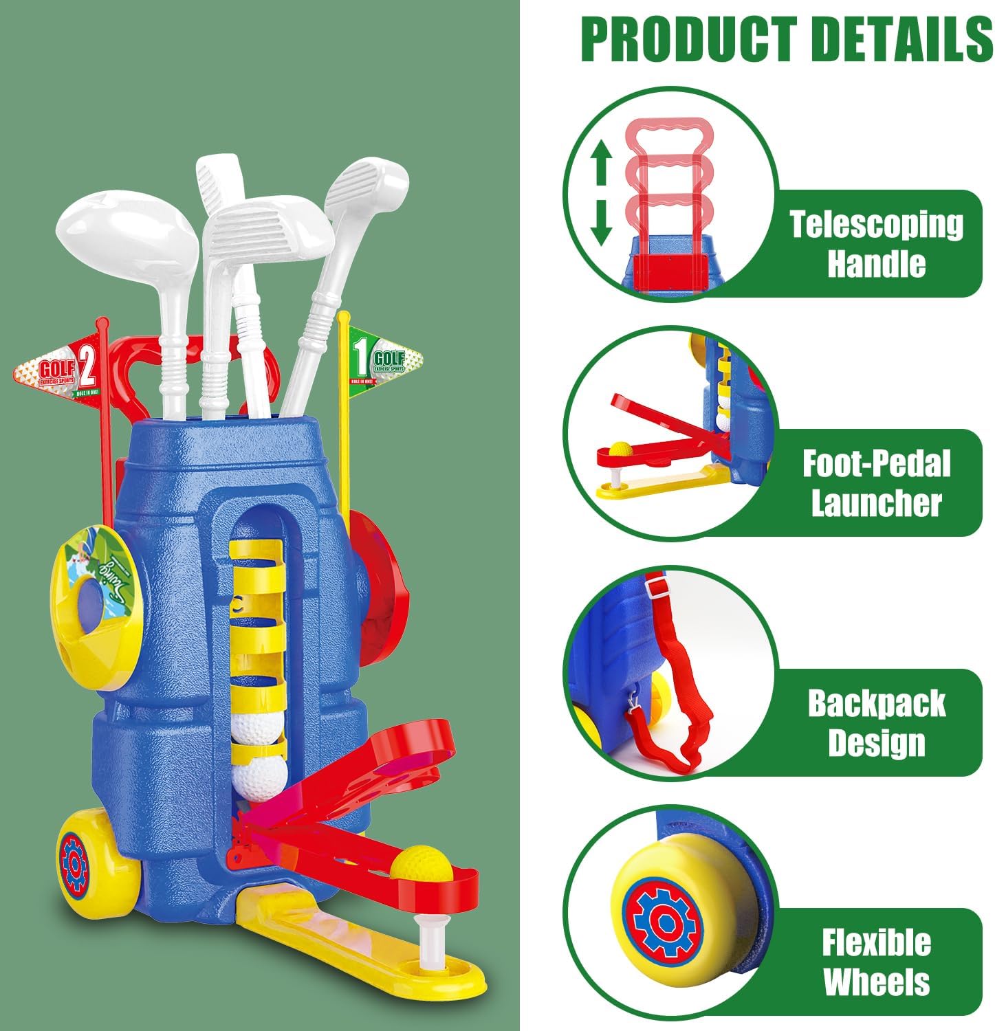 Fistone Toddler Golf Set with Foot-Pedal Launcher- 3 in 1 Kids Golf Toy with Golf Cornhole Board & Putting Mat | Indoor & Outdoor Golf Toys - Birthday Gift for Boys & Girls Age 3-8 - Image 3