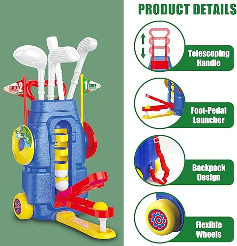 Miniatura 3 de Fistone Juego de golf para niños pequeños con lanzador de pedales, juguete de golf 3 en 1 para niños con tablero de golf y tapete de putting