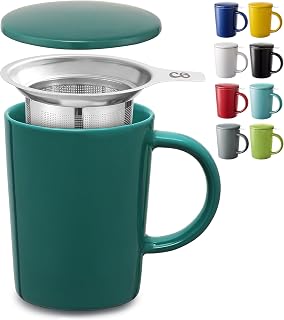 Cosumy Taza de Te con Filtro y Tapa 400ml - Ceramica - Mantiene Caliente la Infusion - Verde Azulado Oscuro