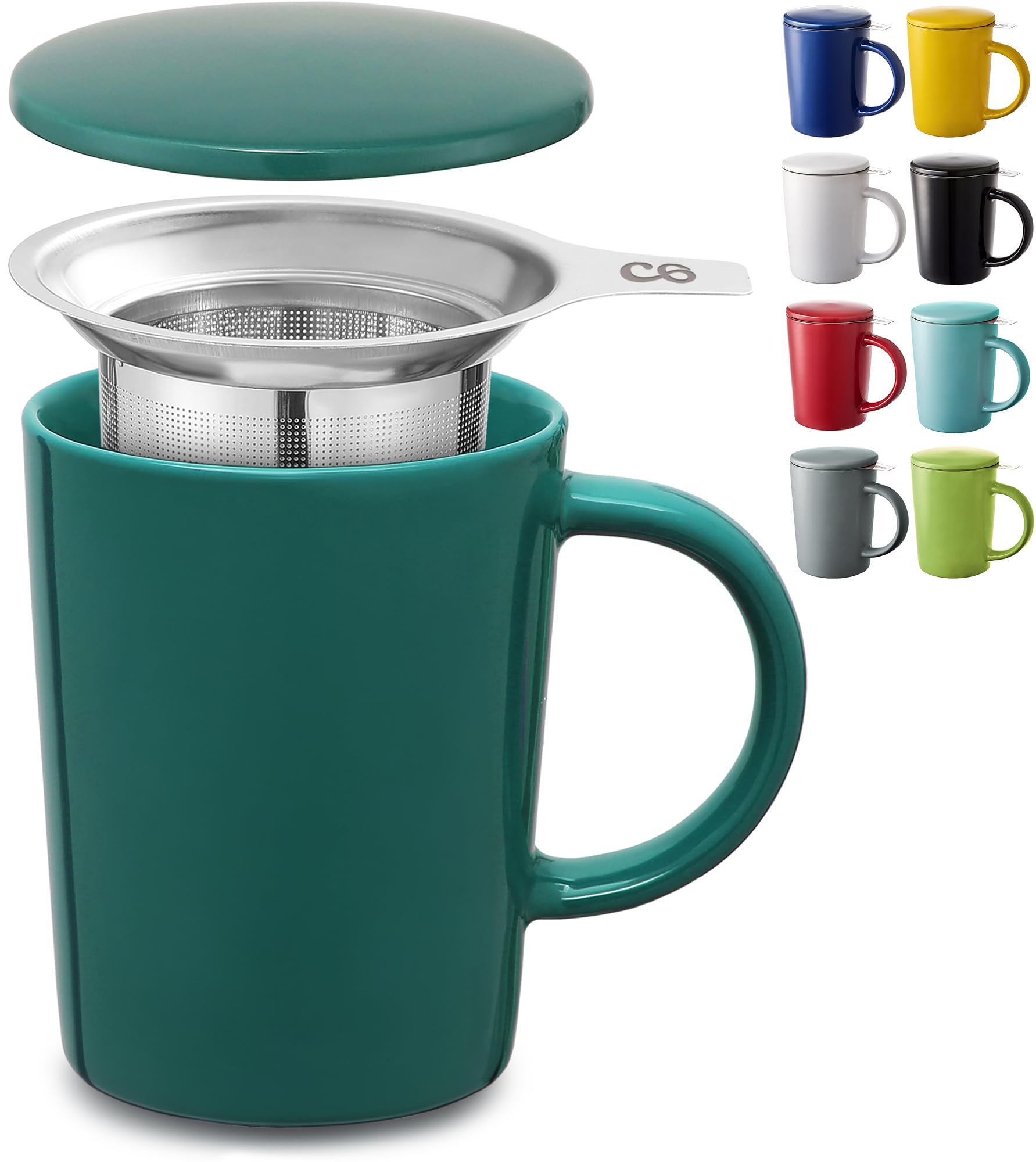 CosumyTea Cup with Infuser and Lid - 400ml Large - Ceramic Mug - Long Warmth - Scratch Resistant - Dishwasher Safe (Dark Teal)