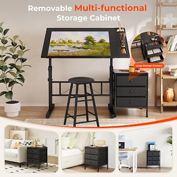 Dripex Adjustable Drafting Table, Art Drawing Table with Stool & Drawer | Height Adjustable, Cabinet with 3 Drawers, 0° to 60° Tiltable Drafting Table, Detachable Stationery Tray, for Artist Work