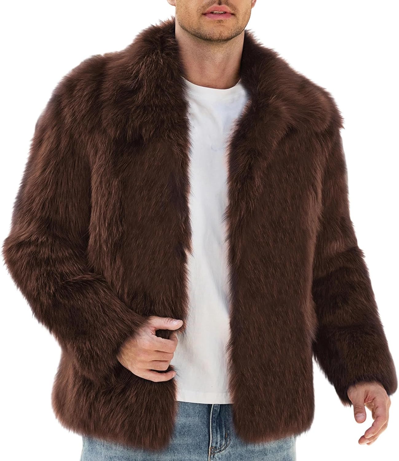 Men Open‑Front Faux Fur Jacket Lapel Furry Warm Winter Fashion Coat