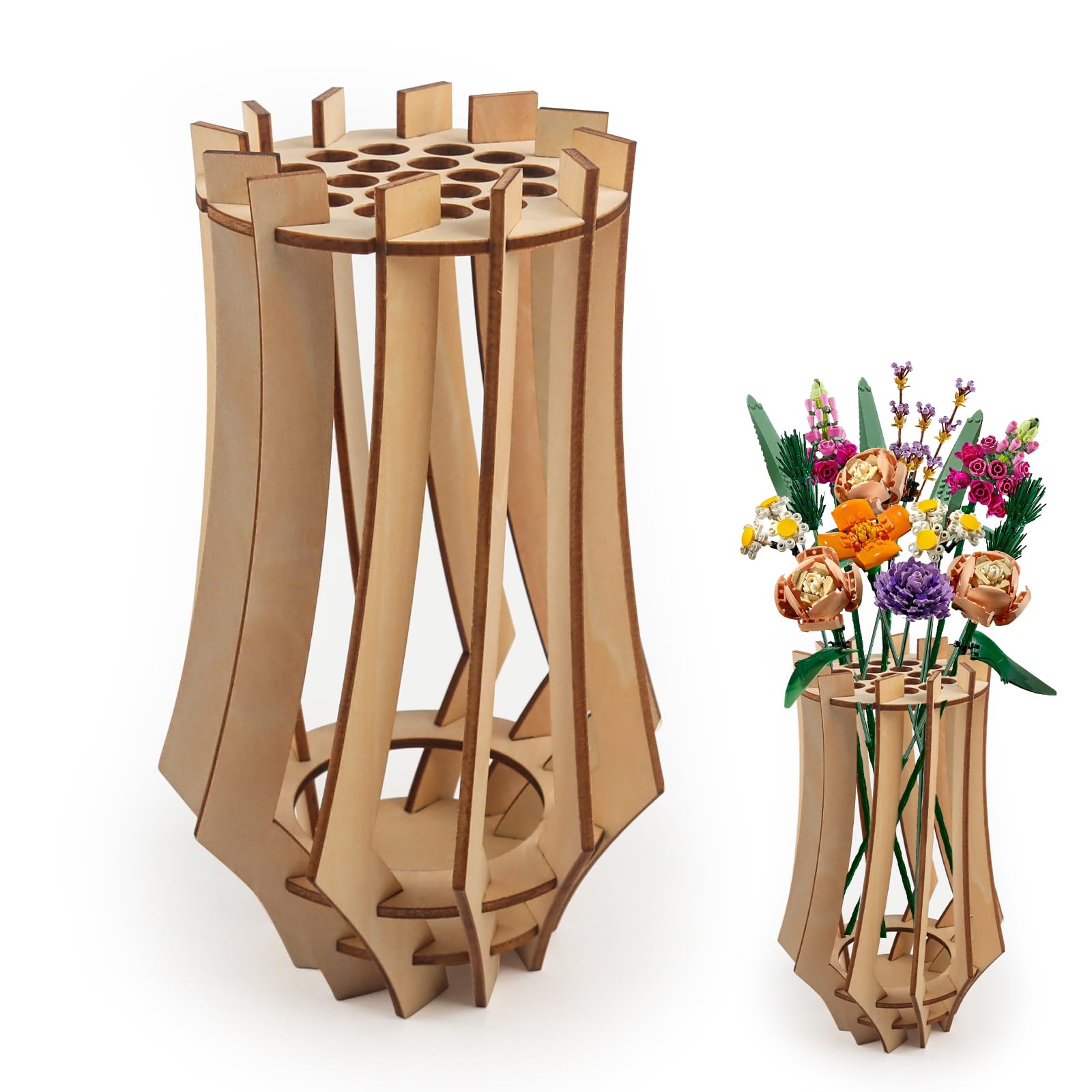 JarróN Puzzle De Madera, Florero De Madera para Ramo, Jarrón De Madera 3D, Soporte De Madera para Rosas De Lego, Flores De Cerezo, Girasoles, Tulipanes, Narcisos, Loto (A)
