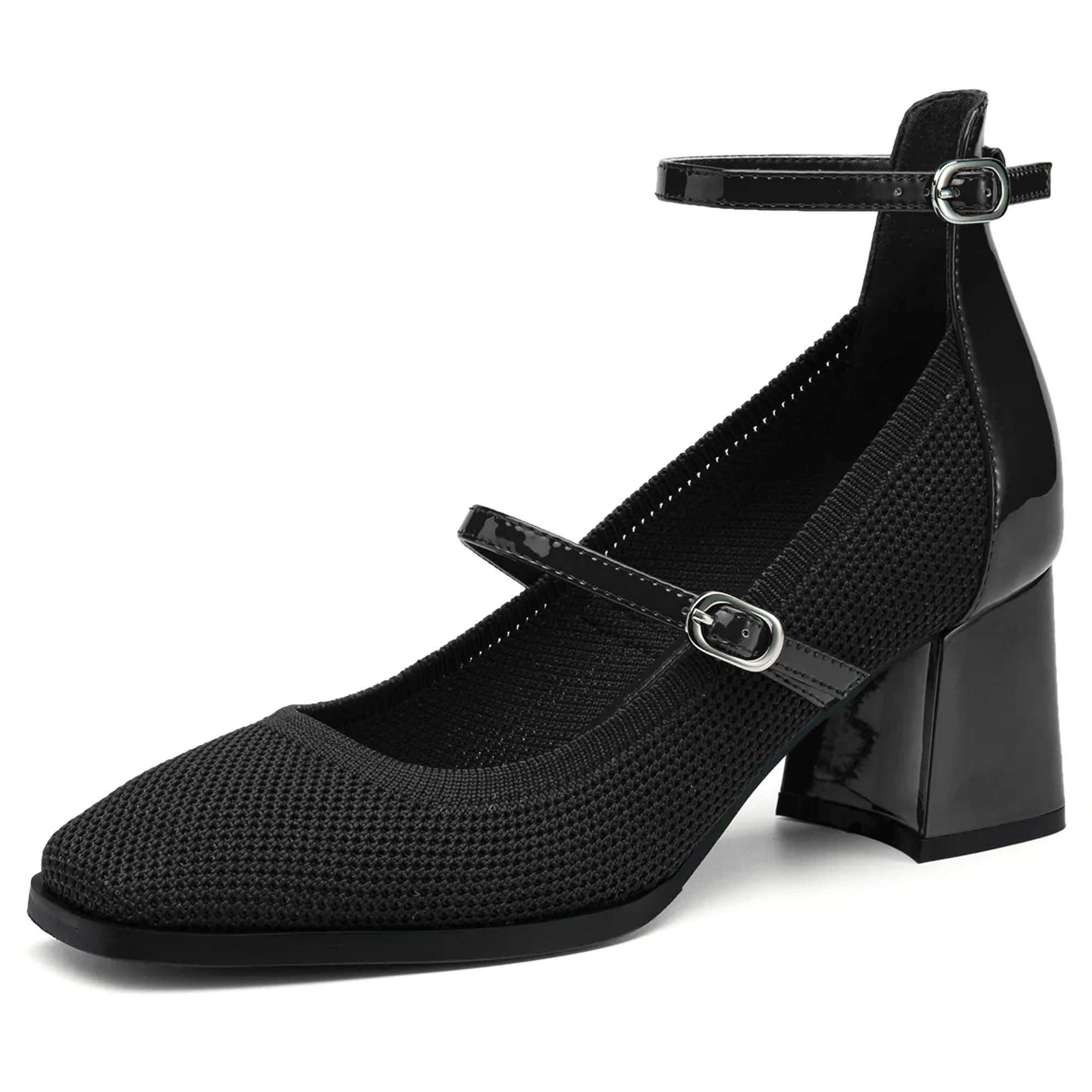 NEWBELLA Women's Mary Jane Pumps - Square Toe Breathable Fabric Dress Shoes with Block Heel for Summer & Work Commute