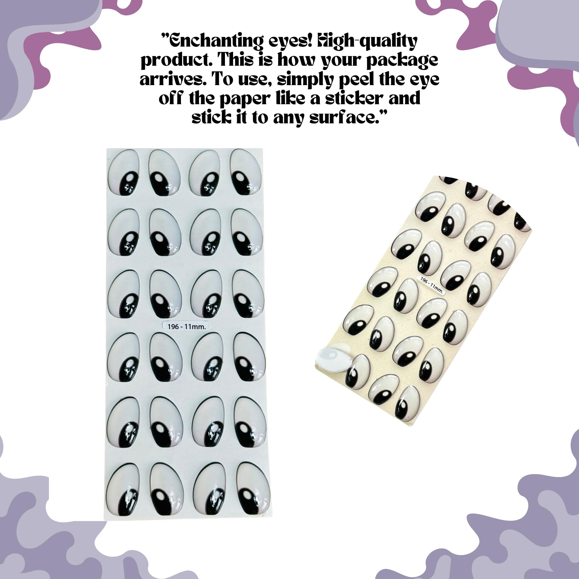 Ojitos Adhesivos 3D 3D Resin Adhesive or Self-Adhesive Eyes for All Types of Materials, Crafts, Decoration - 12 Pairs in White with Black, 11mm Wide