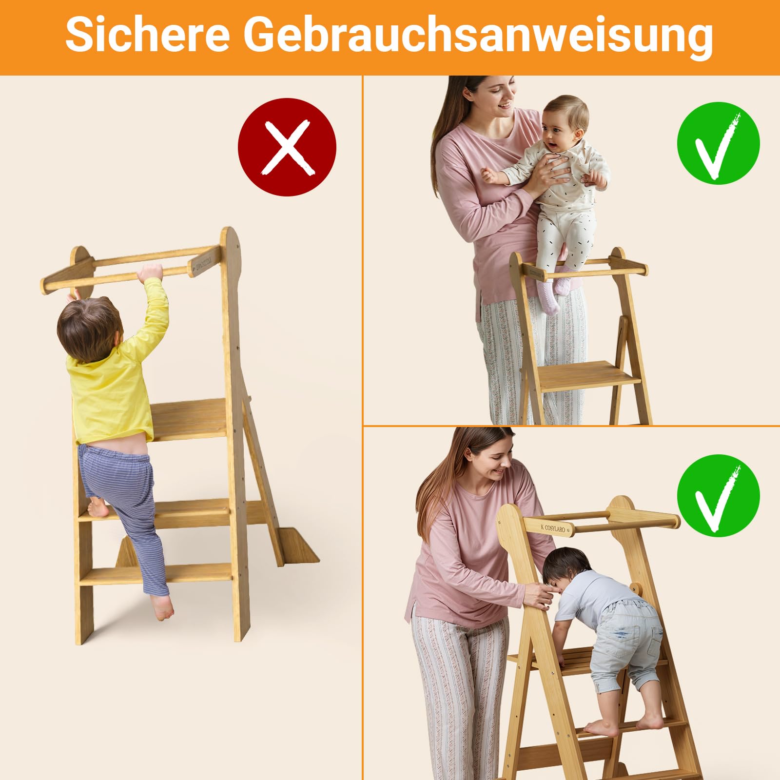 COSYLAND Montessori Lernturm ab 1 Jahr klappbar – Höhenverstellbarer Kinder Lernturm | Faltbarer Montessori Learning Tower aus Bambus | Lernstuhl Kitchen Helper - Natur
