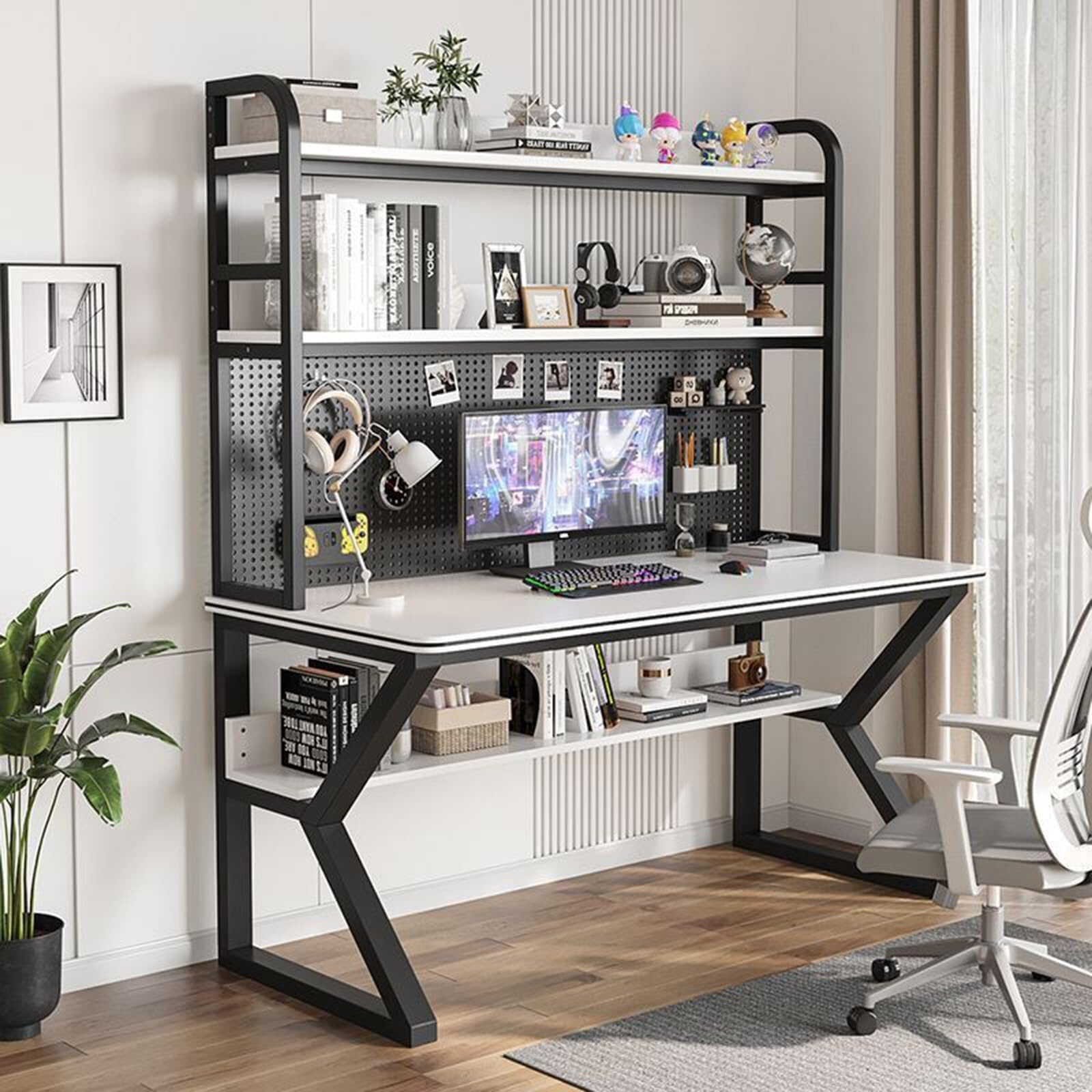 Elegante scrivania da gioco regolabile con libreria nera e bianca, 80 x 60 cm, scrivania ergonomica per casa, ufficio e studio, ideale per lavoro e gioco