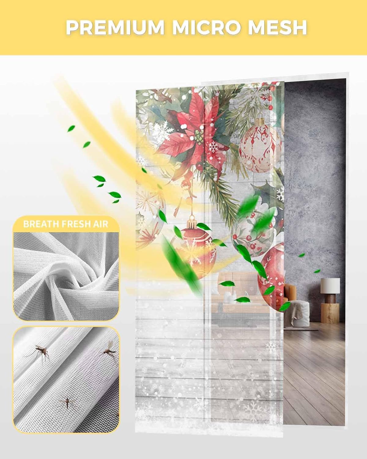 Grey Wooden Christmas Ball Magnetic Screen Door, Xmas Poinsettia Snowflake Hands Free Screen Mesh Size 38" x 83", Reinforce Heavy Duty Mesh Screen Doors for Patio/Front/Sliding Door