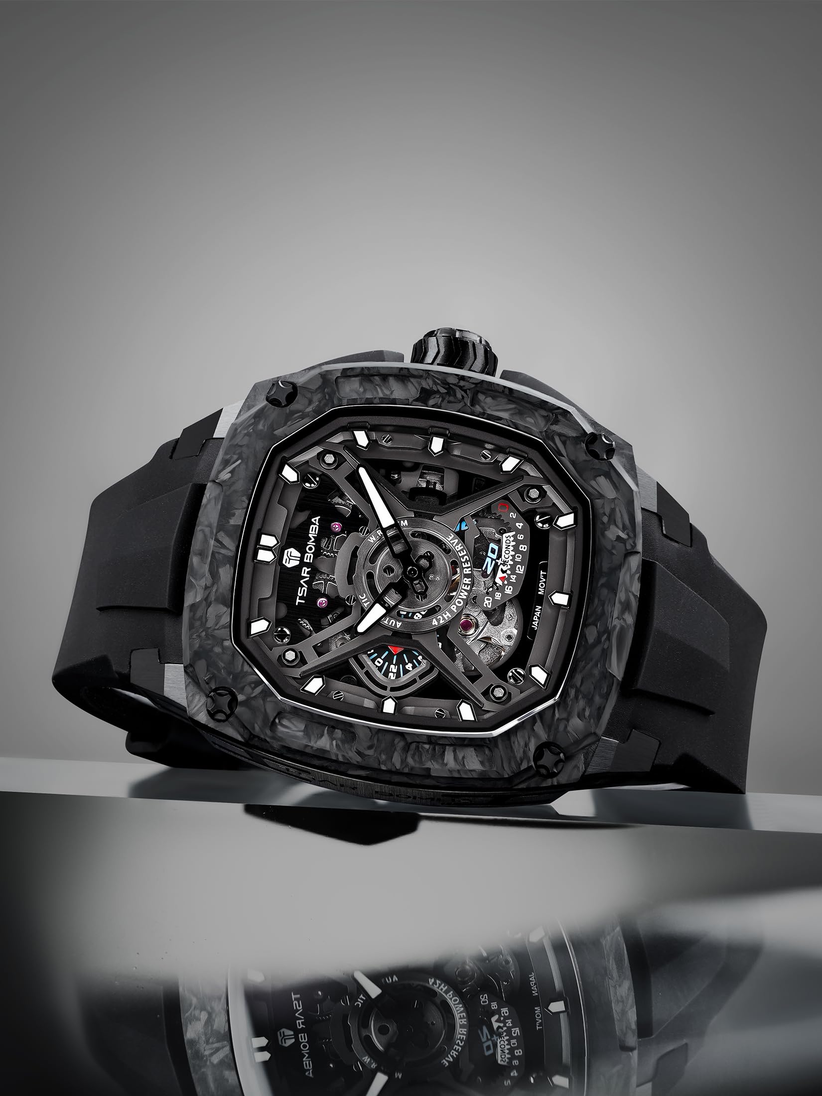TSAR BOMBA Automatik-Herrenuhr Uhren Herren Saphirglas Karbon-Gehäuse | Japanisches Uhrwerk,sportlich-elegant für Business & Freizeit,bequemes Kautschukband,luxuriöses Design Schwarz