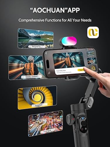 Miniatura 6 de AOCHUAN Gimbal de 3 ejes, estabilizador de cardán para teléfono inteligente con luz de relleno magnético RGB para iPhoneAndroid, cardán plegable
