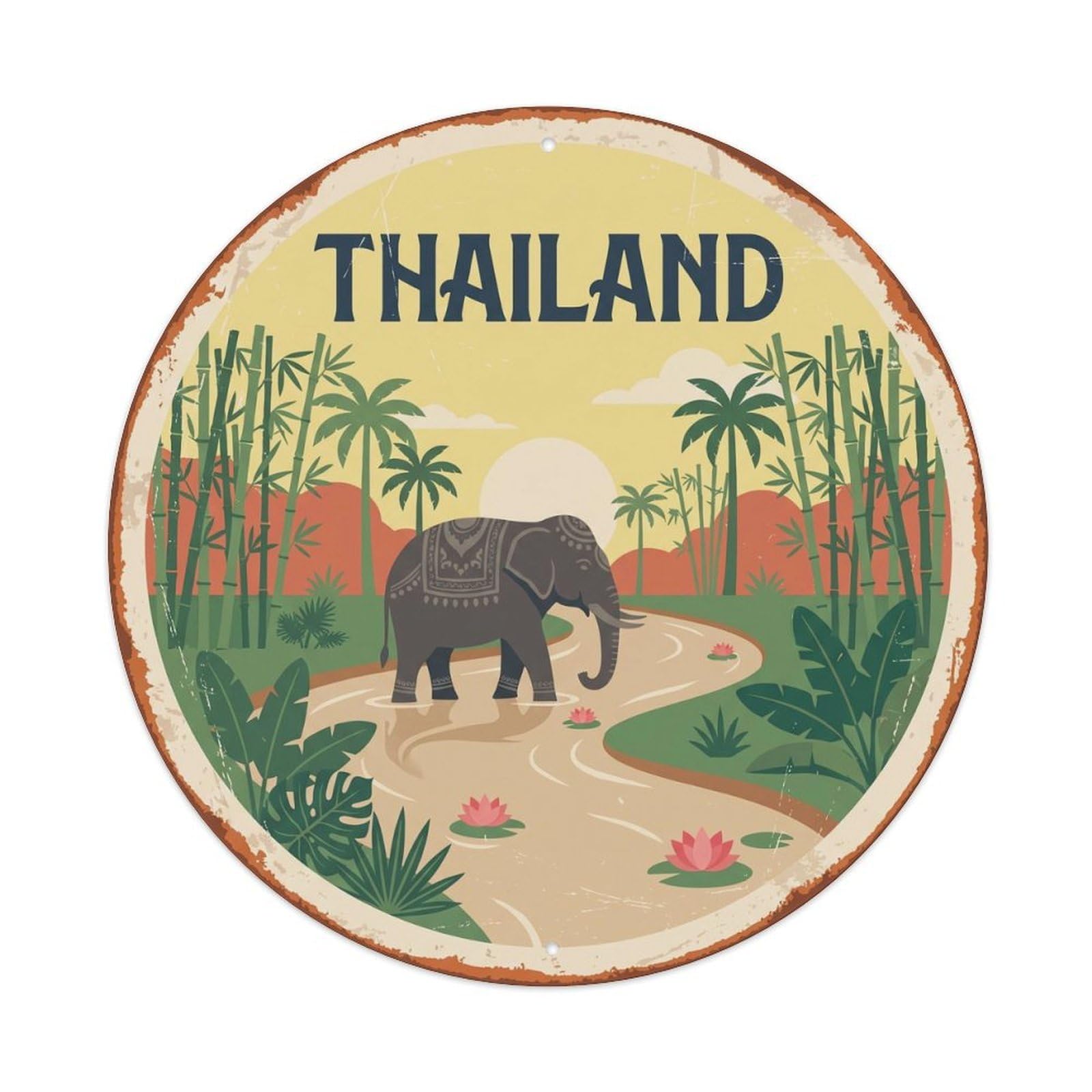 Thailand Elephant Jungle River Vintage Metal Tin Sign Plaque Wall Decor for Cafe, Club Bar, Office, Garden Metal Poster 8x8Inch