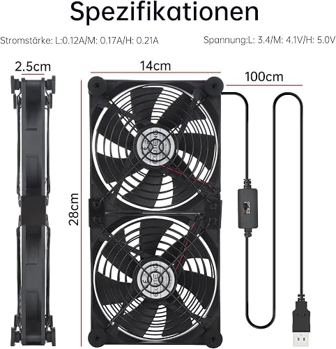 ELUTENG USB Fan 140mm 5V 2 in 1 with 3 Adjustable Speeds, Double USB Computer Fan 140mm PC Fan 14mm with 8 Shock Absorbent Feet for PS5 PS4/Laptop/TV Box/Router - 2