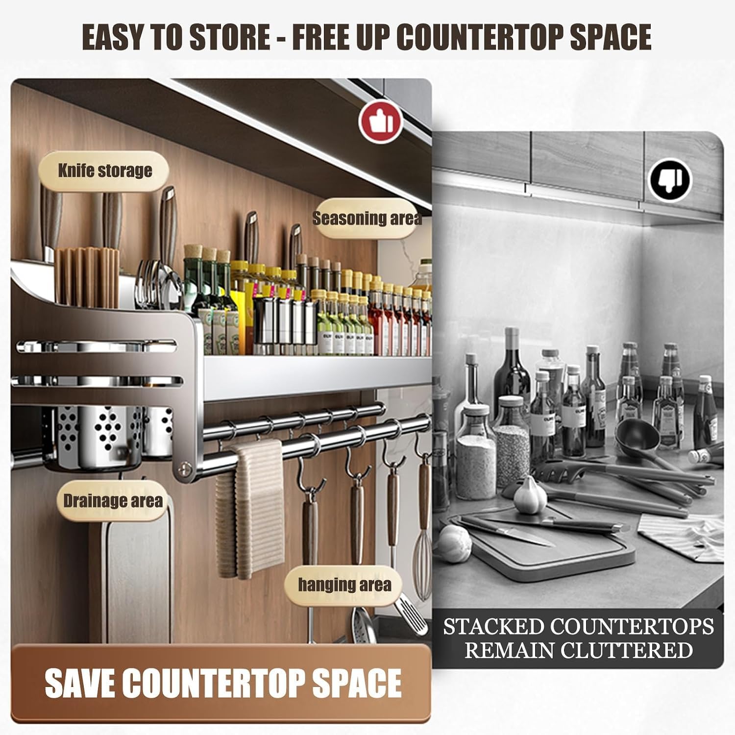 Portacoltelli E Portaspezie Da Parete In Acciaio Inox 304, Organizer Multifunzione Per Utensili Da Cucina, Con Ganci, Facile Da Montare, Per La Cucina Di Casa. 70cm