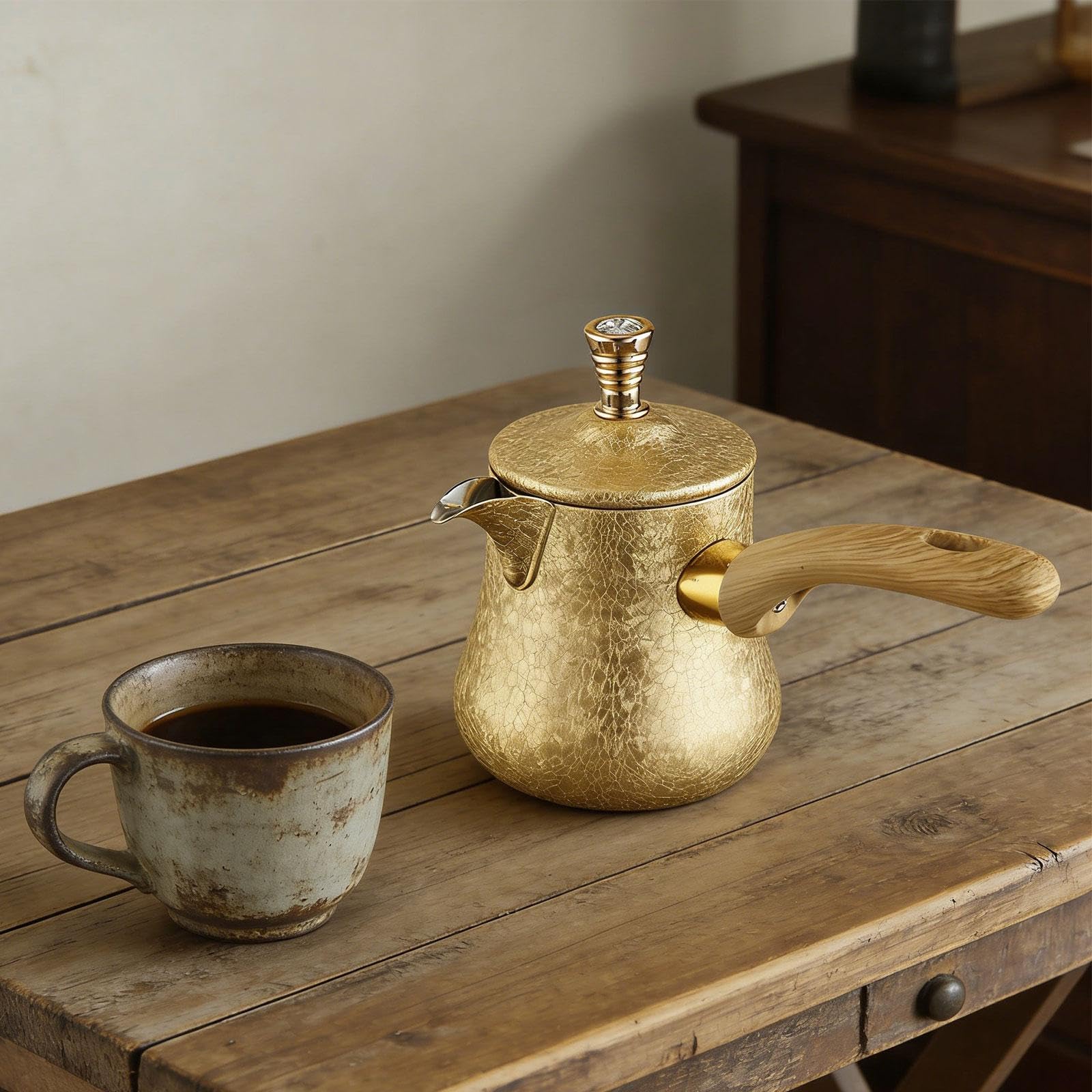 Caffettiera Turca, brocca per sciogliere Il Burro con Manico in Legno, Tazza da caffè Portatile, scaldalatte in Acciaio Inossidabile, 550 Ml