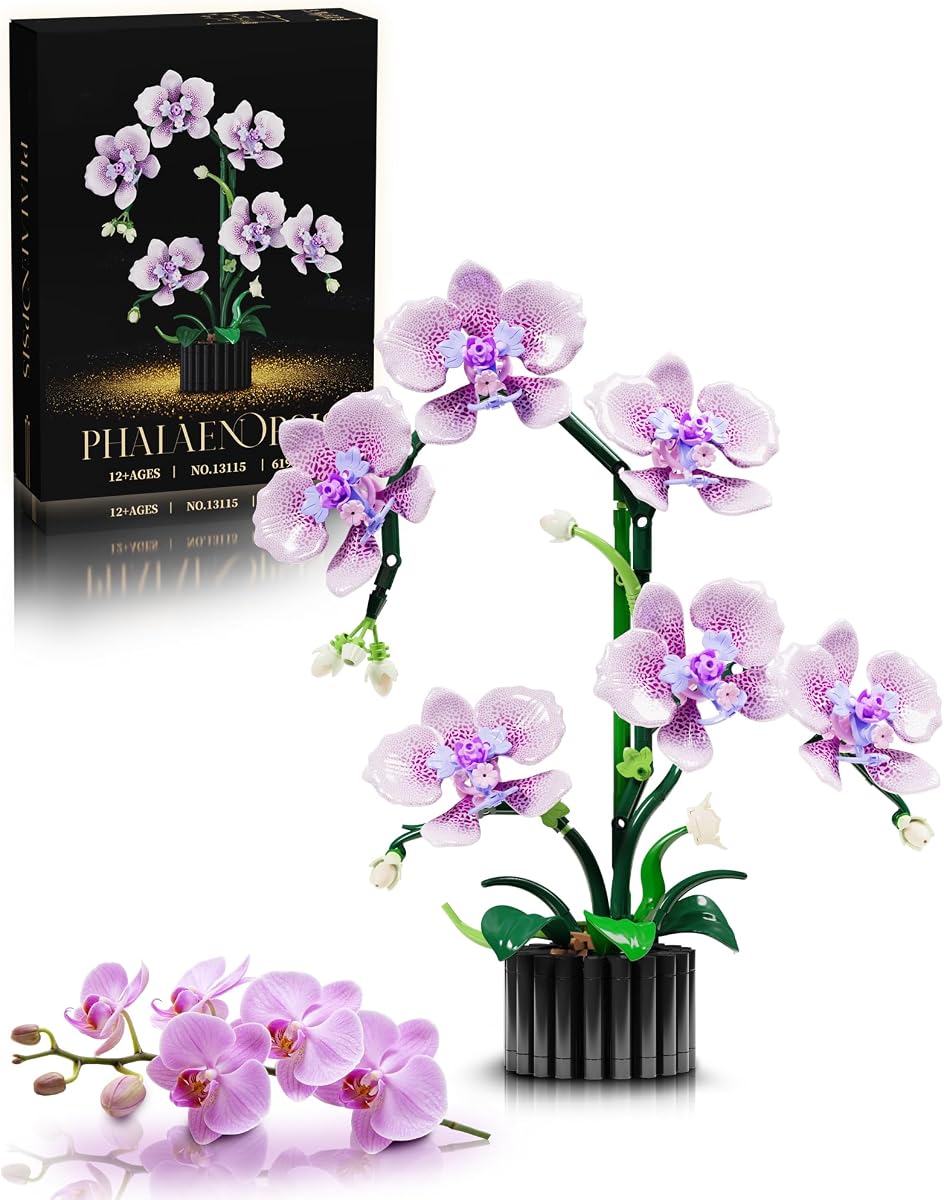 Purple Orchid Flower Building Set with Vase for Adults, Compatible with Lego Botanicals, 619PCS Phalaenopsis Floral Kit for Home/Office Decor, STEM Plant Collection Toy Gift for Mother's Day Birthday