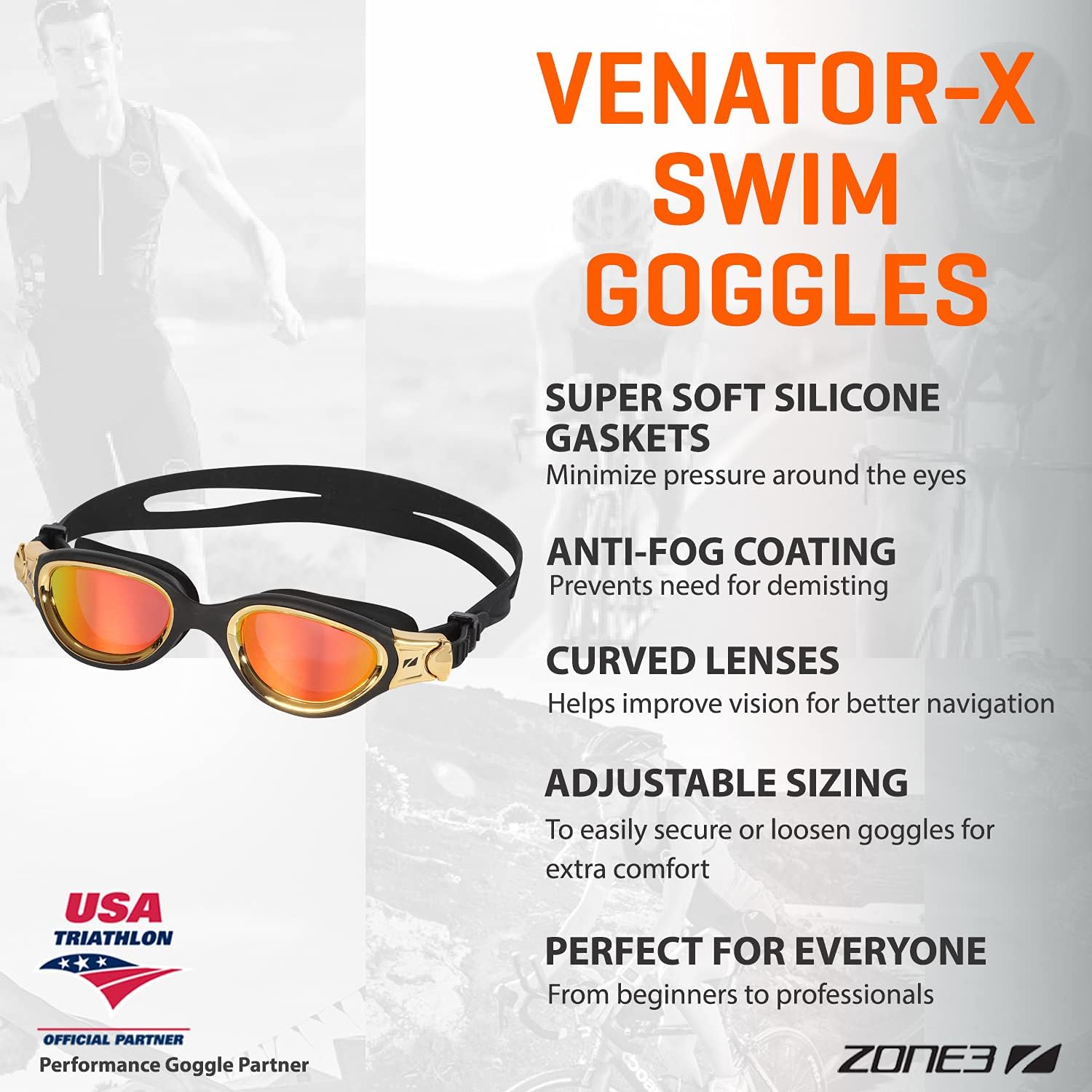 ZONE3 Venator-X Anti-Fog Swim Goggles Wide Angle Lenses/Soft Silicone Gaskets For Training/Race, Open Water/Pool Swimming