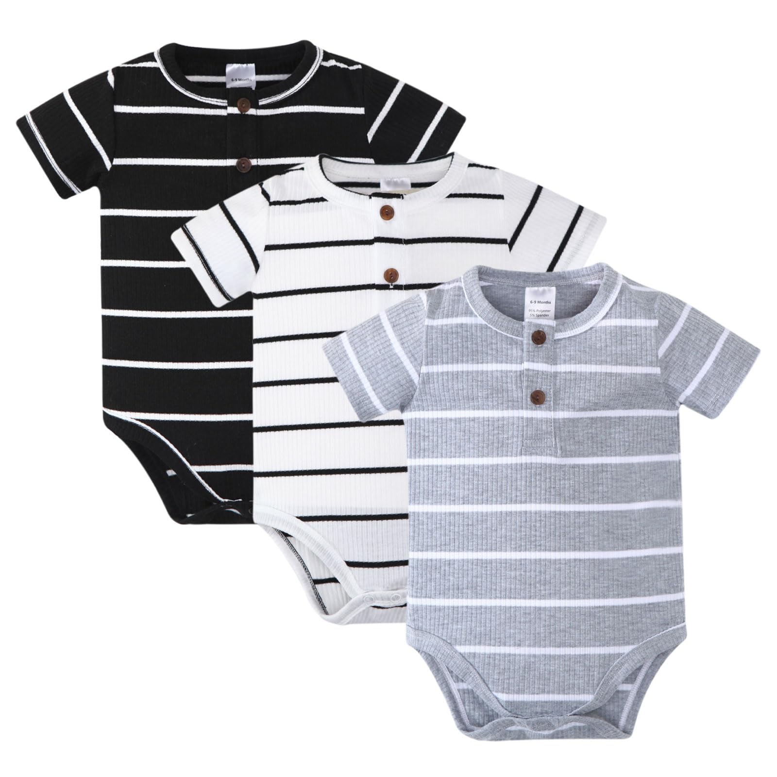 ROMPERINBOX Newborn Onsies Boy 3 Pack Rib Knit Baby Bodysuit Solid Color Striped Short Sleeve for Unisex