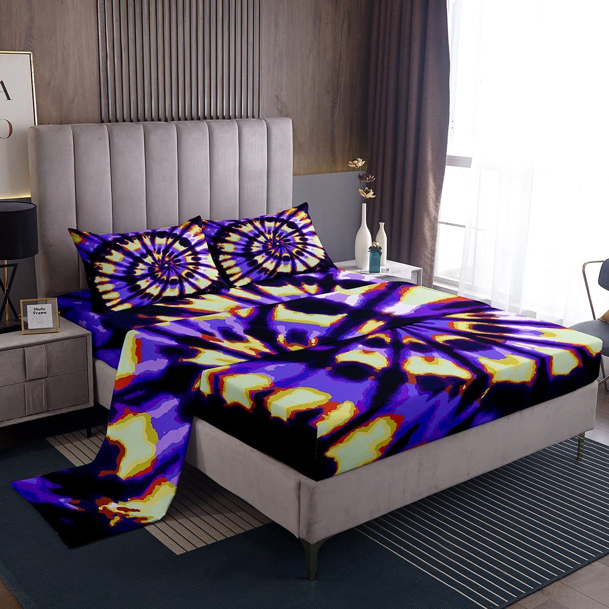 Juego de sábanas Tie Dye para niños,niños,niñas,Bohemio,Hippie,Juego de Ropa de Cama con Tinte de Corbata,Juego de sábanas para Mujer,Color Morado,Amarillo,Trippy Swirl,Juego de sábanas Bohe