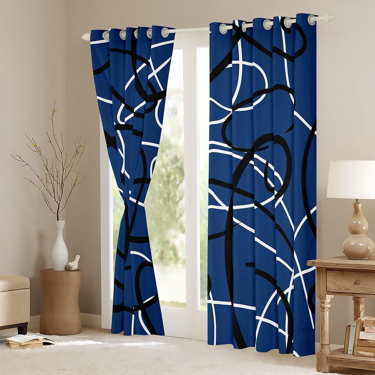Geometric Curtains for Bedroom Stripe Line Window Drapes for Living Room Retro Circle Grommet 30%-50% Blackout Curtains Dark Blue White Abstract Stripes Swirl Window Treatments 52x84 Inches,2 Panels